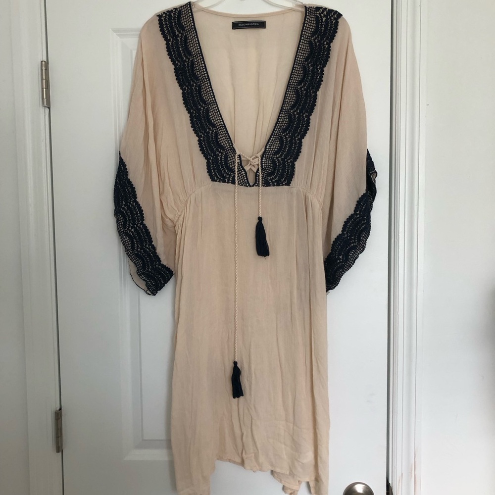 BCBG Max Azria Cream Boho Cover Up with Navy Blue Crochet Trim Accents